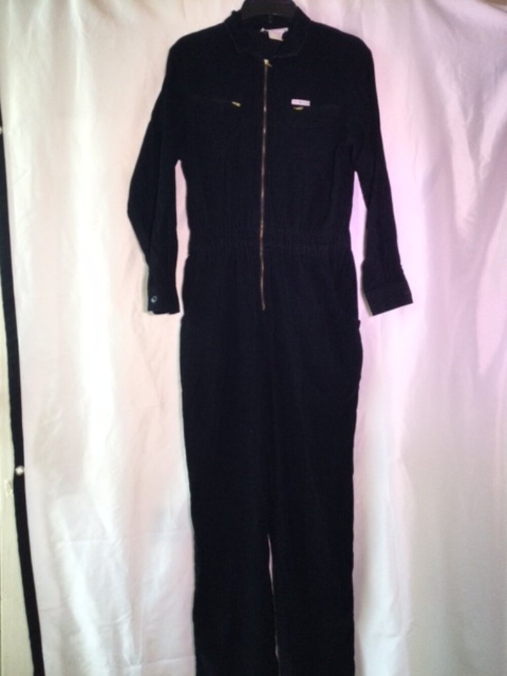 Saint Germain Paris Vintage Black Utility Jumpsuit Zip Front Long Sleeve Elastic